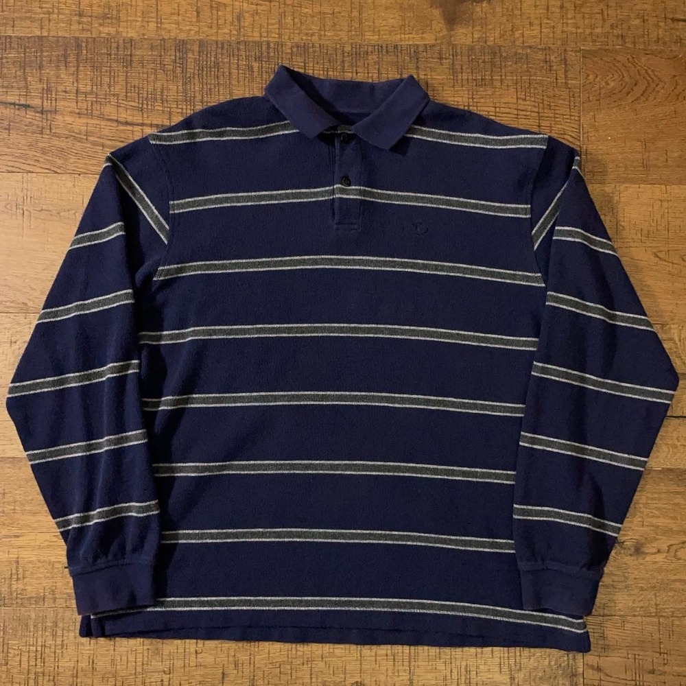 IZOD Polo Shirt Mens L Navy Blue Preppy Striped Long Sleeve Cotton Vintage